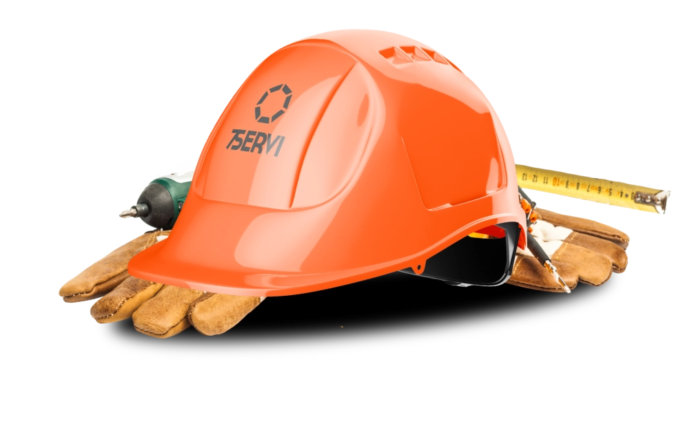 Casco de seguridad de 7Servi acompañado de guantes y herramientas de trabajo